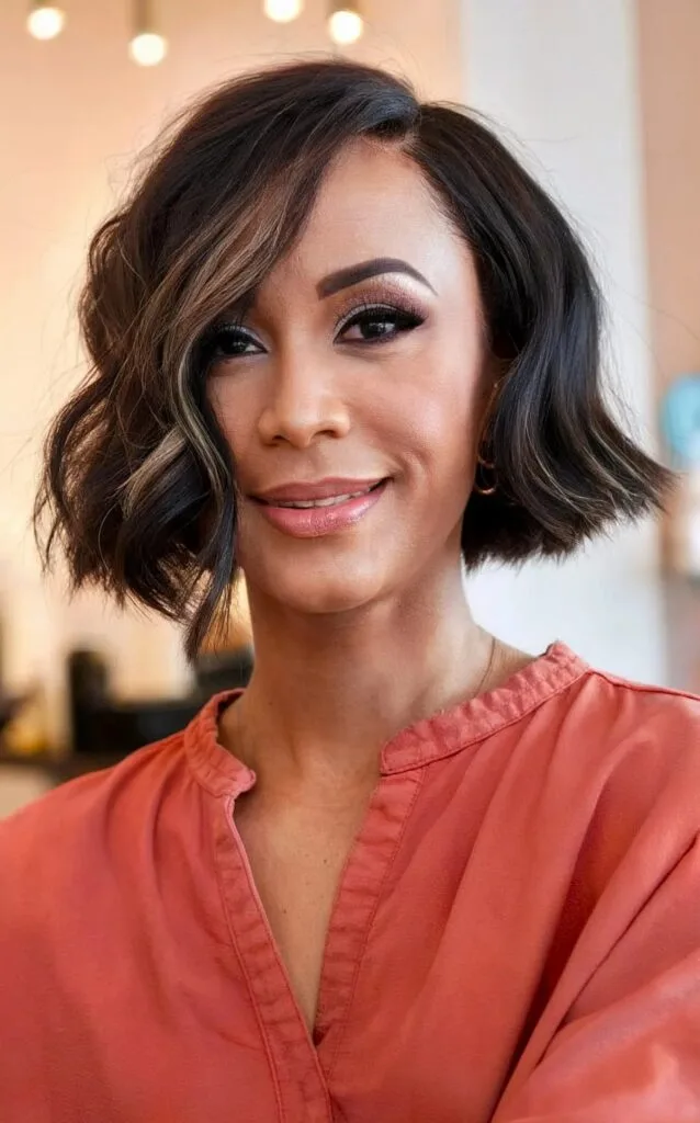 Deep Side Part Wavy Bob for 40-year-old Women's Short Hair