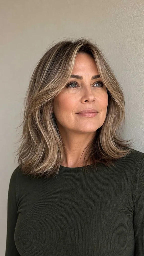 Dimensional Dark Blonde Lob with Parted Curtain Layers