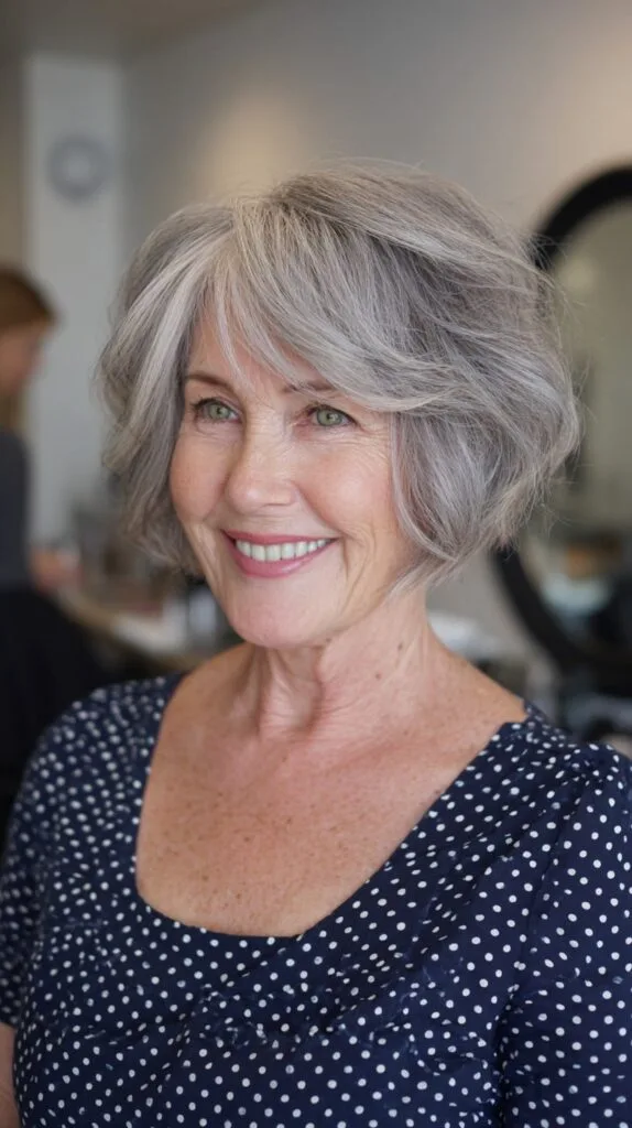 Dove-Gray Rounded Shag Bob with Soft Curtain Layers