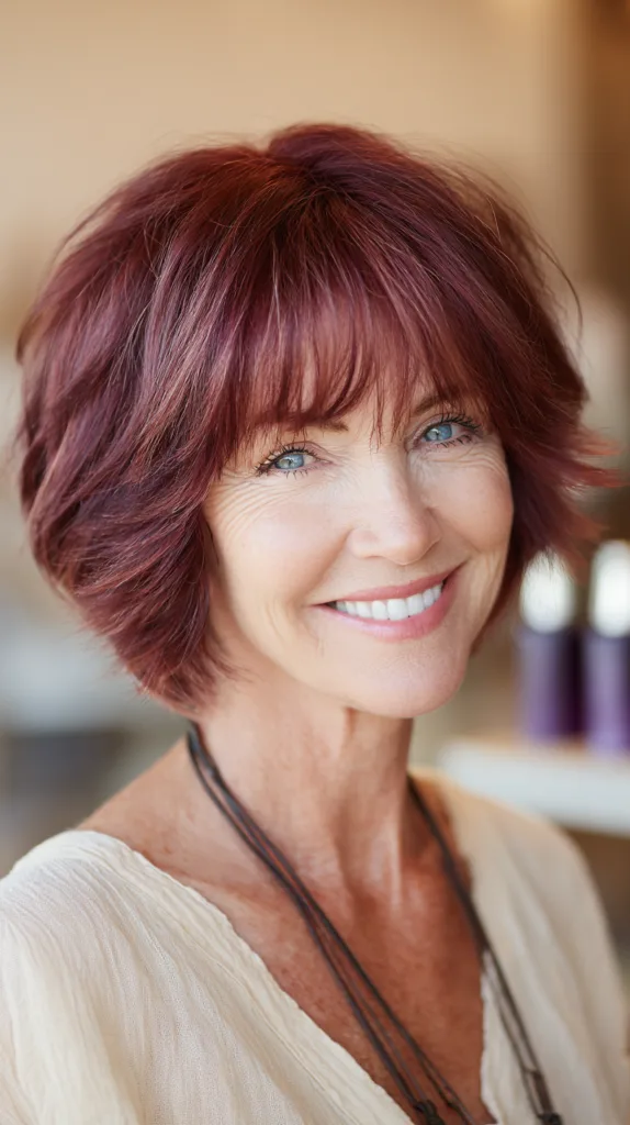 Dynamic Burgundy Shag with Soft Bangs