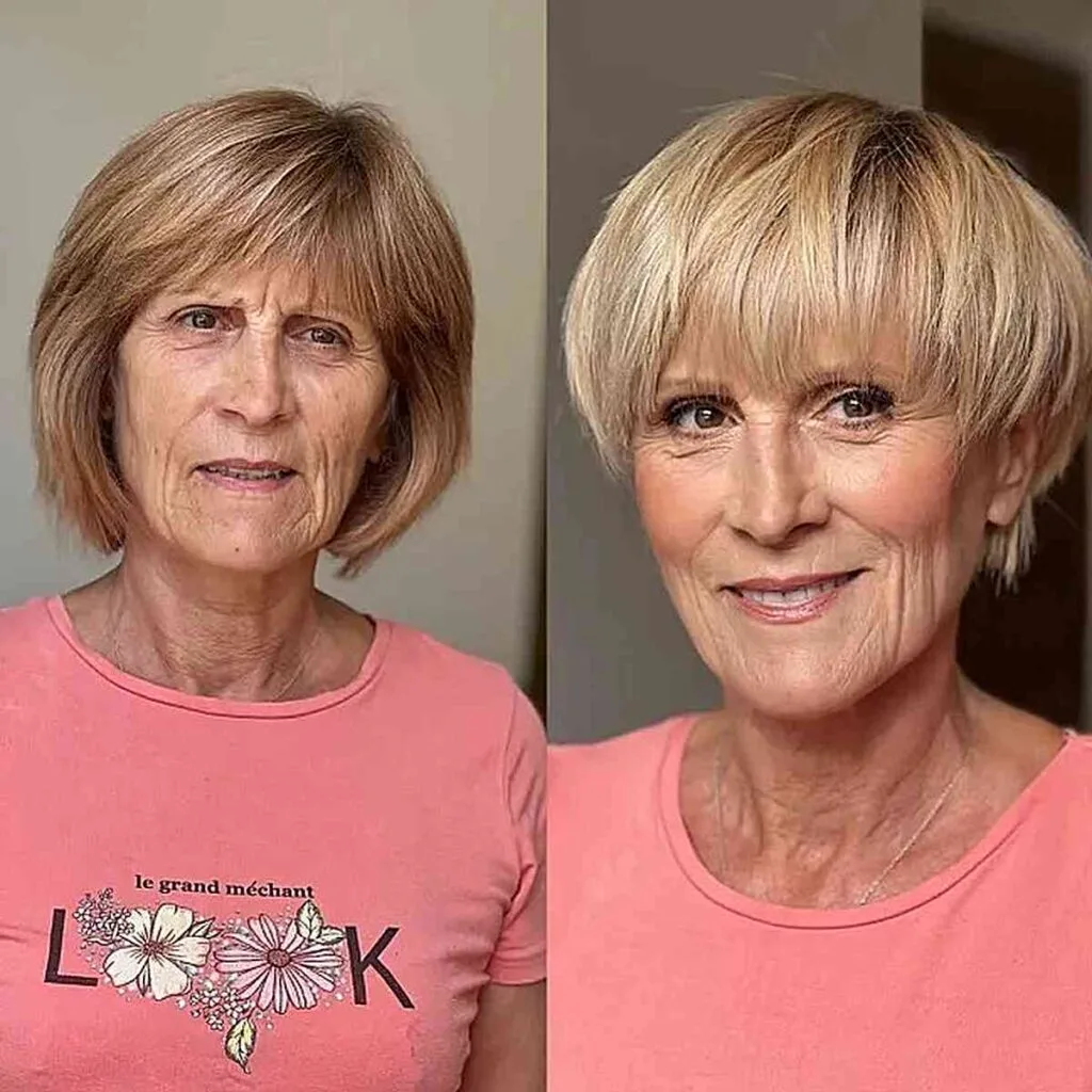 Ear-Length Pixie Bob Bowl Cut with Bangs for Fine-Haired Older Women