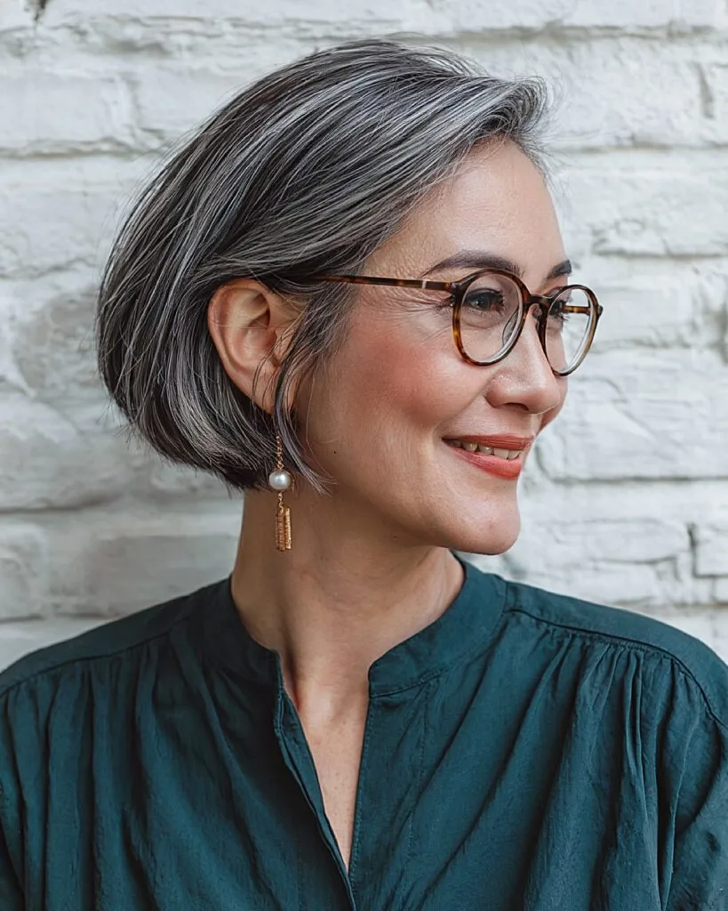 Ear-length tucked bob on older Asian woman with natural gray hair and smooth tapered back