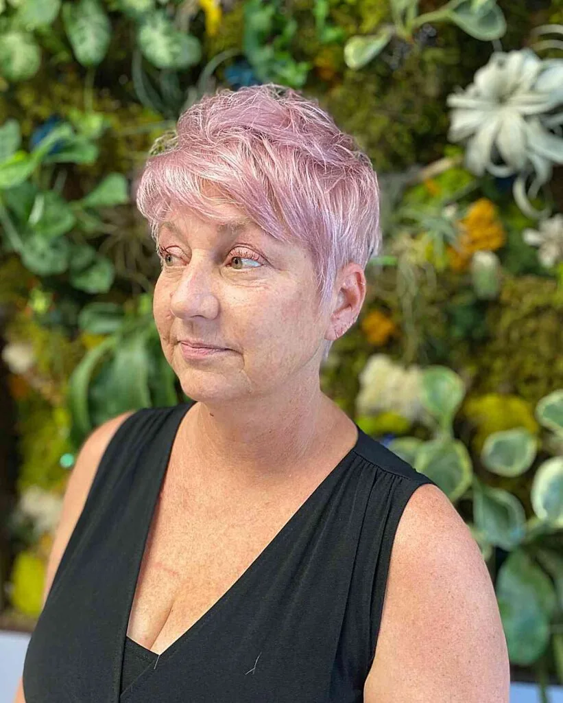 Ear-Level Textured Pixie Hair in Gentle Lavender Hue for women past their 50s