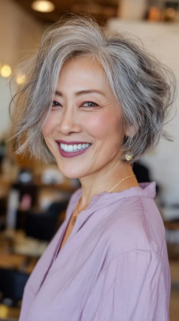 Effervescent Silver Layered Bob with Soft Waves
