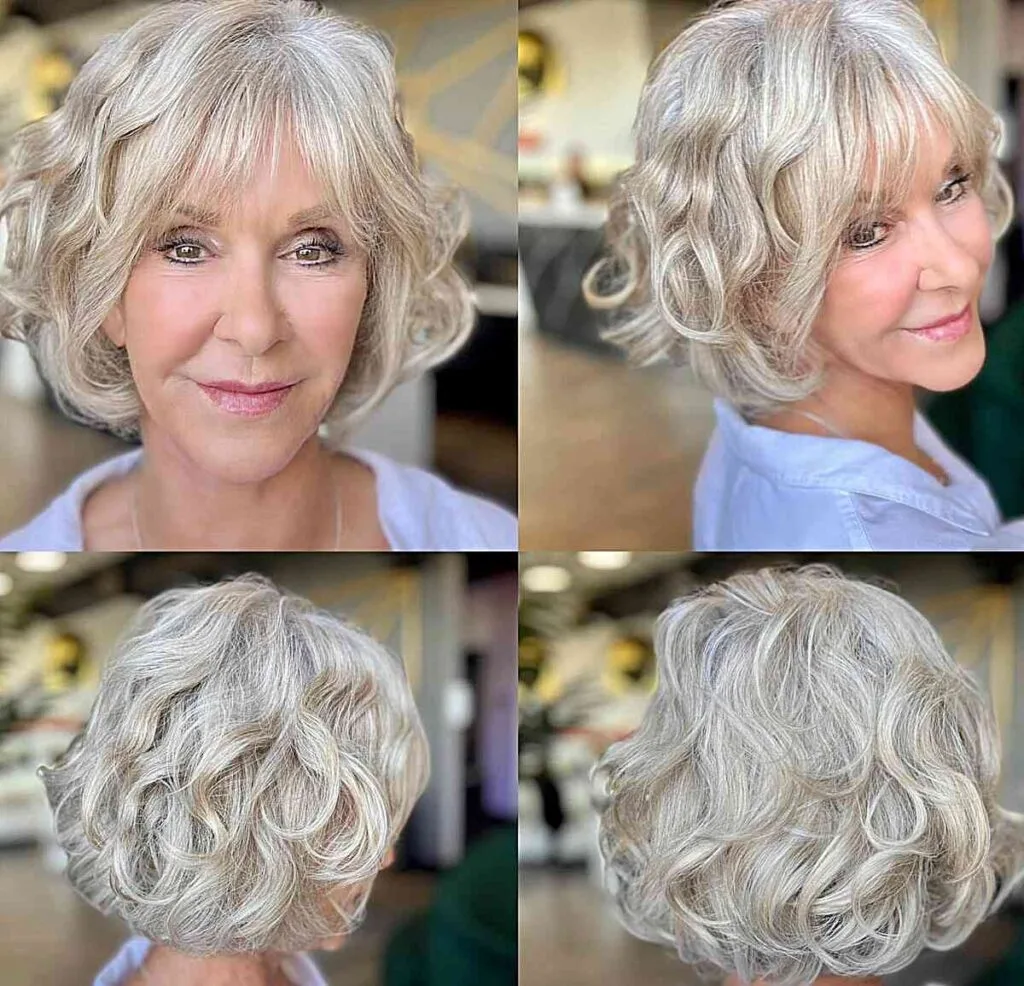 Effortless Grey Curls with Bangs for Women Aged 50 with short hair