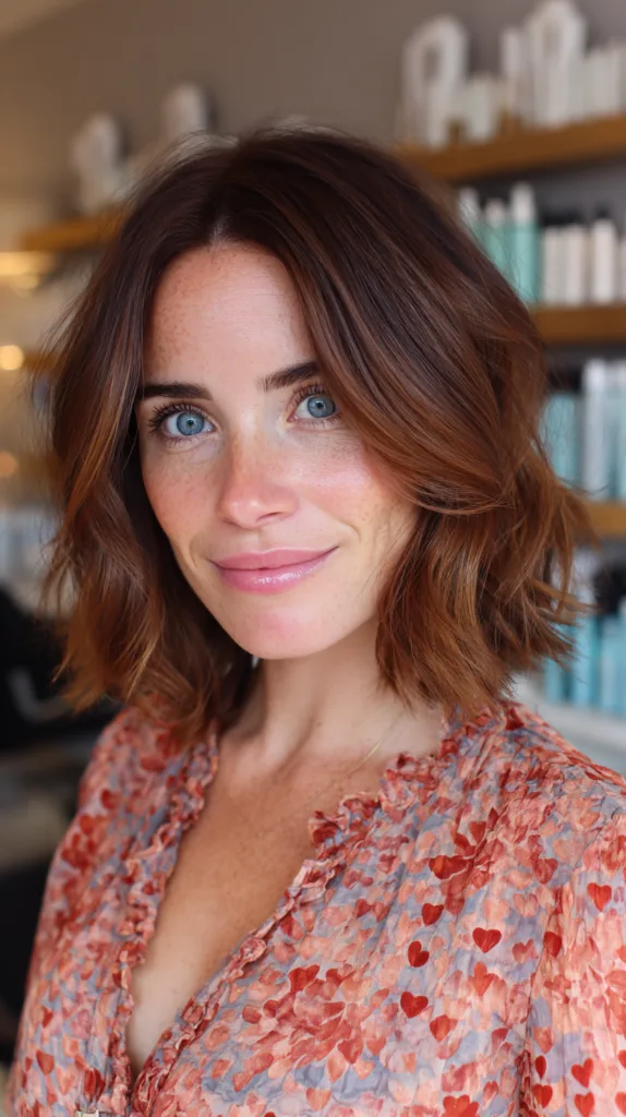 Effortlessly Chic Wavy Lob with Rich Chestnut Tones
