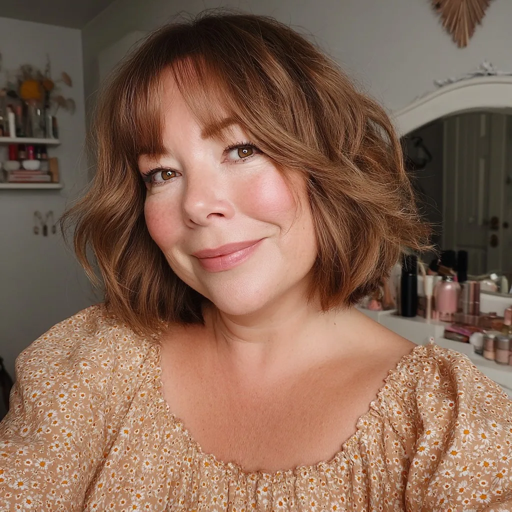 Effortlessly Tousled Medium-Length Waves with Soft Bangs