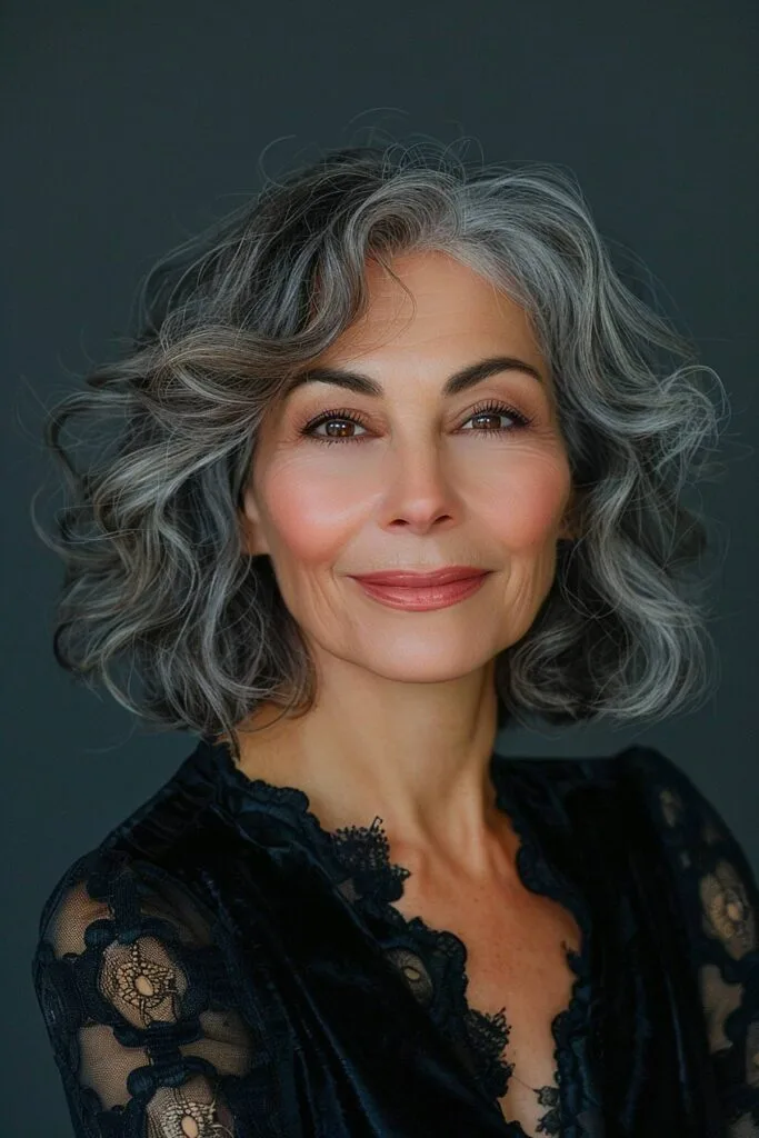 Elegant curly bob hairstyle for gray hair in women over 50