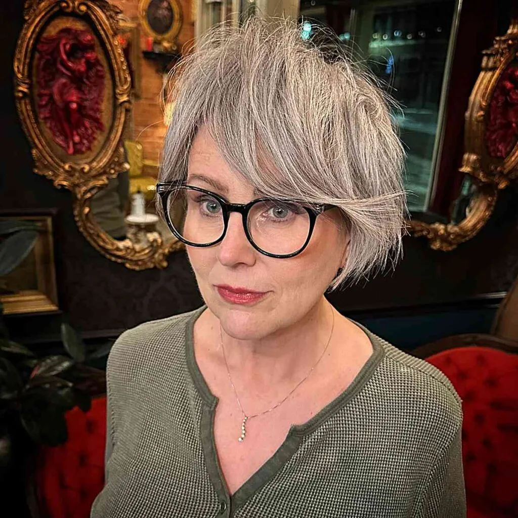 Elegant Grey Pixie Bob for Women Aged 60 with Coarse Hair and Glasses