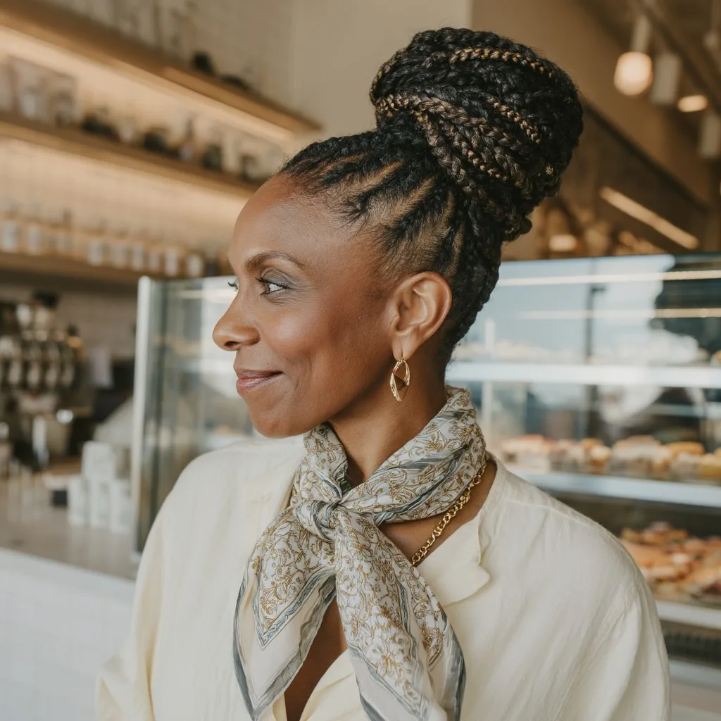 Elegant High Braided Bun with Intricate Cornrow Accents