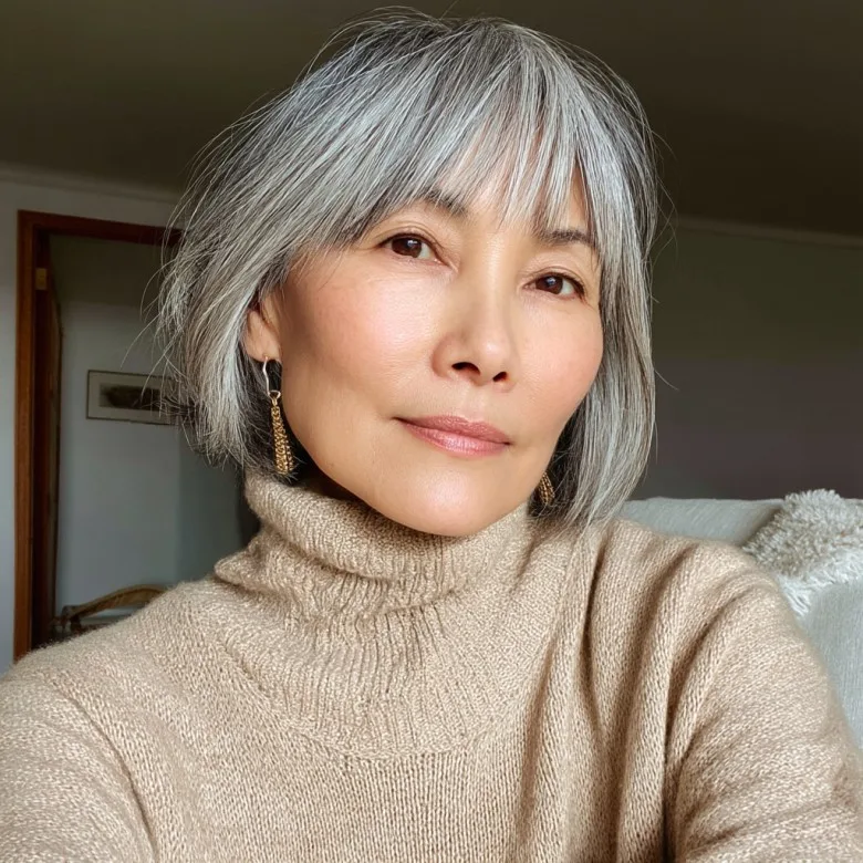 Elegant Silver Choppy Bob with Soft Bangs