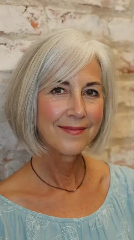 Elegant Silver Layered Bob with Soft Side Bangs