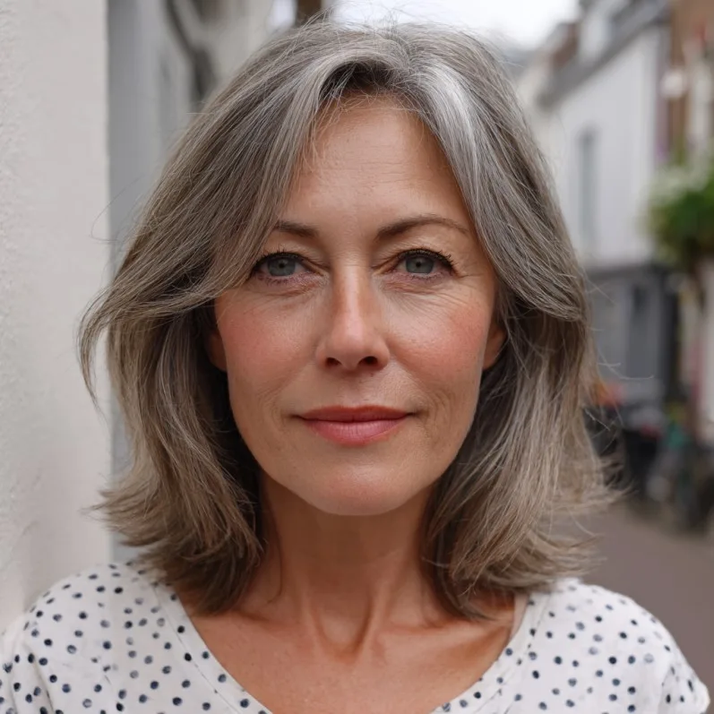 Elegant Silver Lob with Flattering Curtain Bangs