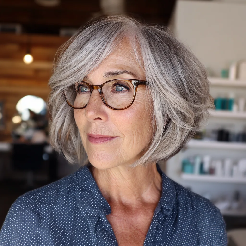 Elegant Silver Textured Bob with Side-Swept Bangs