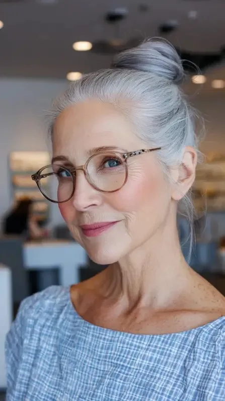 Elegant Silver Top Knot with Soft Face Framing Layers