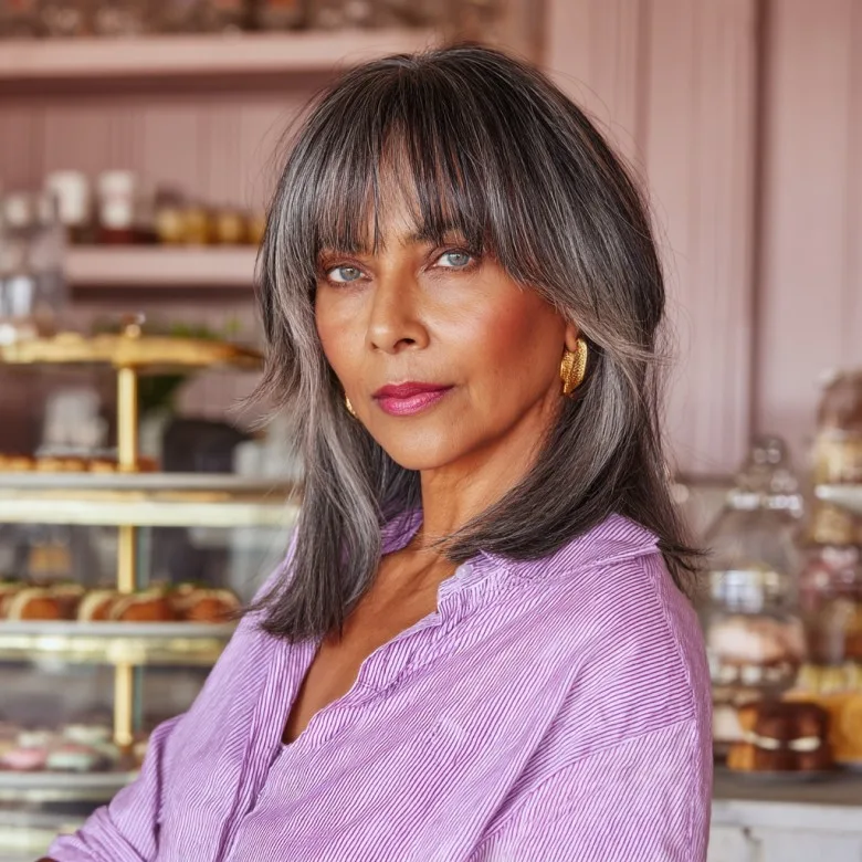 Elegant Silvery Layered Cut with Bangs
