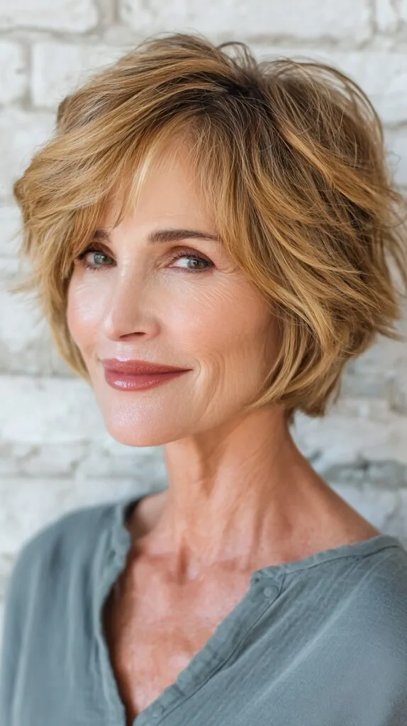 Feathered Golden Layered Bob for Maturing Elegance