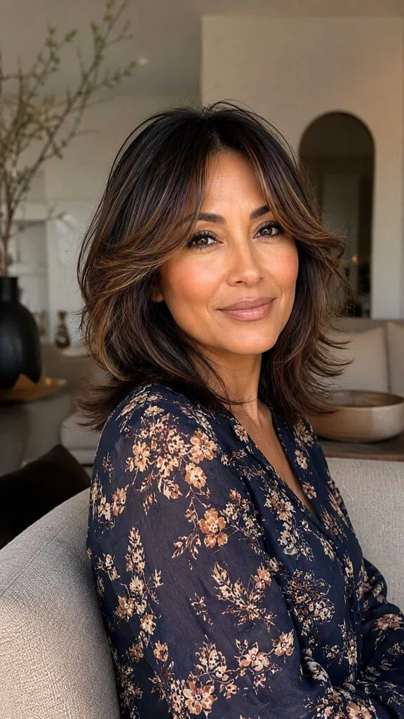 Flipped Dark Brunette Layers with Cheekbone-Skimming Fringe