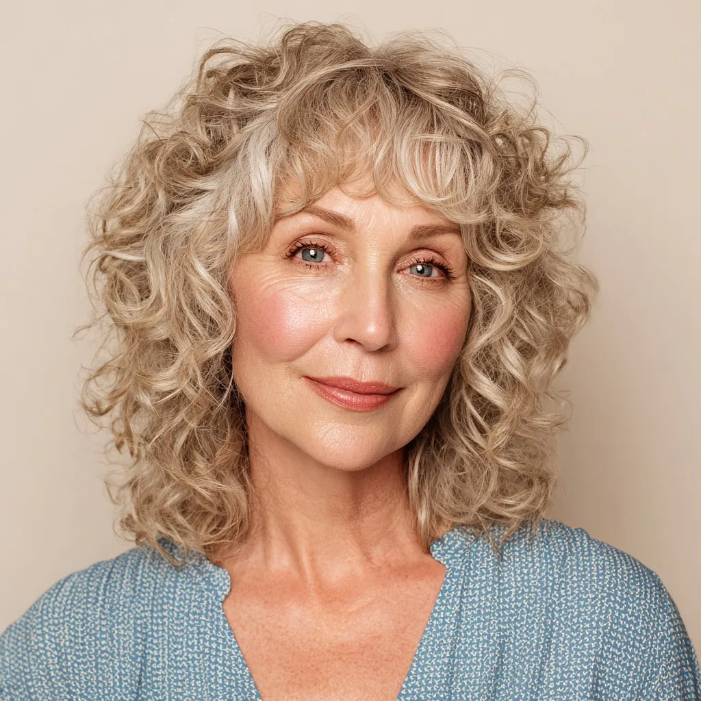 Fluffy Layered Curly Shag with Soft Bangs