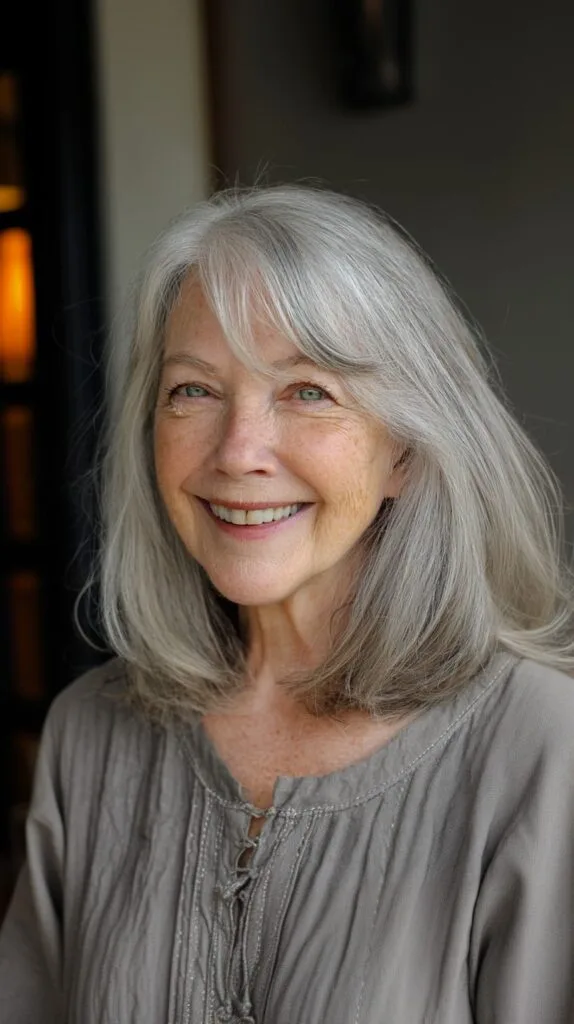Gentle Shoulder-Length Layers with Long Side-Swept Fringe