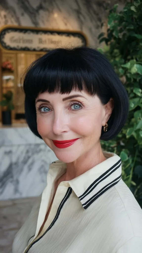 Glossy Jet-Black Chin-Length Bob with Blunt Short Fringe