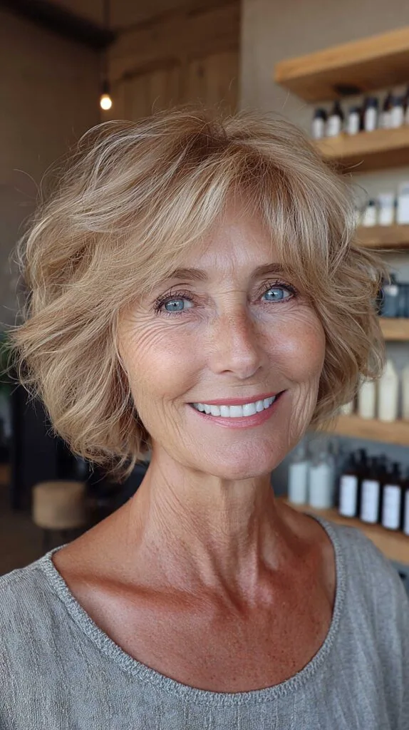 Golden blonde wavy shag bob with soft bangs