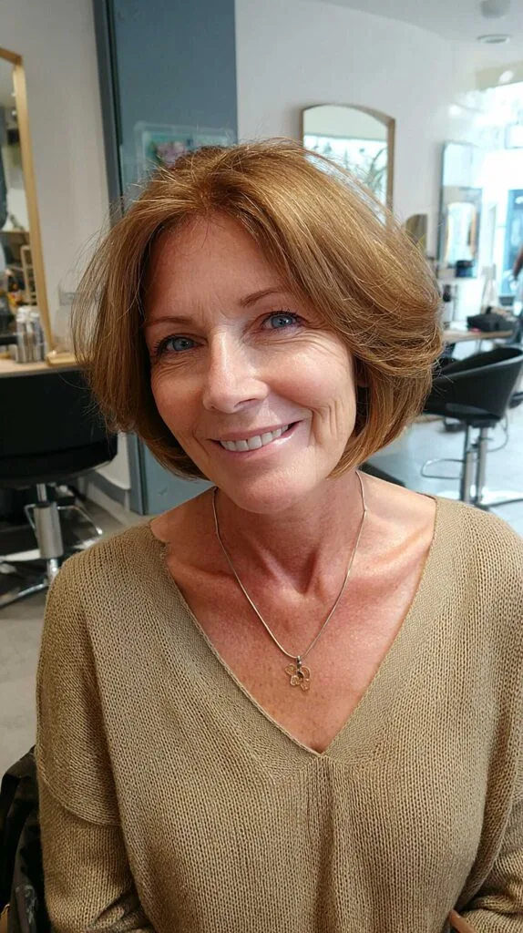 Golden strawberry blonde rounded bob with side part