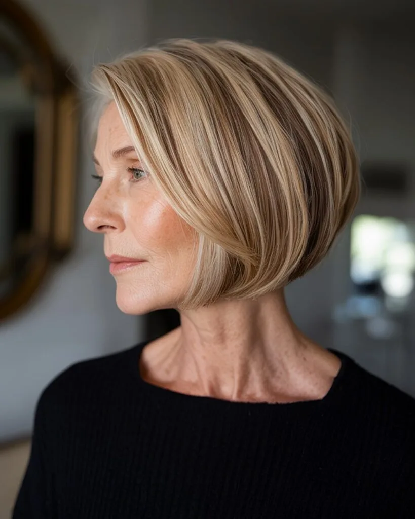 Gracecurve inverted bob for over 60 with smooth contour and blended blonde highlights