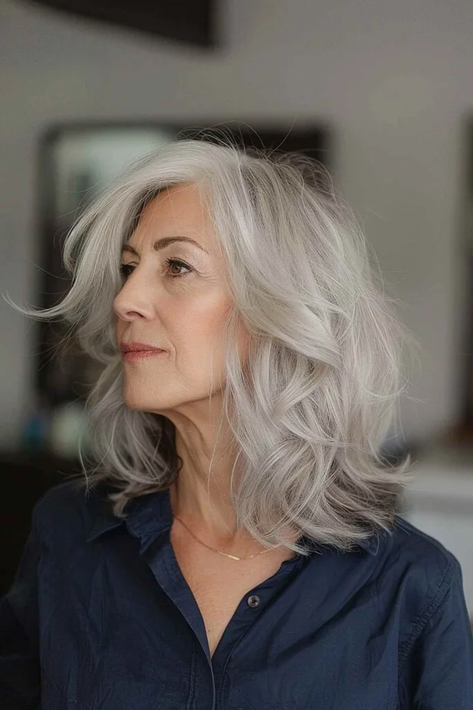 Gray medium-length shag haircut for women over 55 with fine hair.