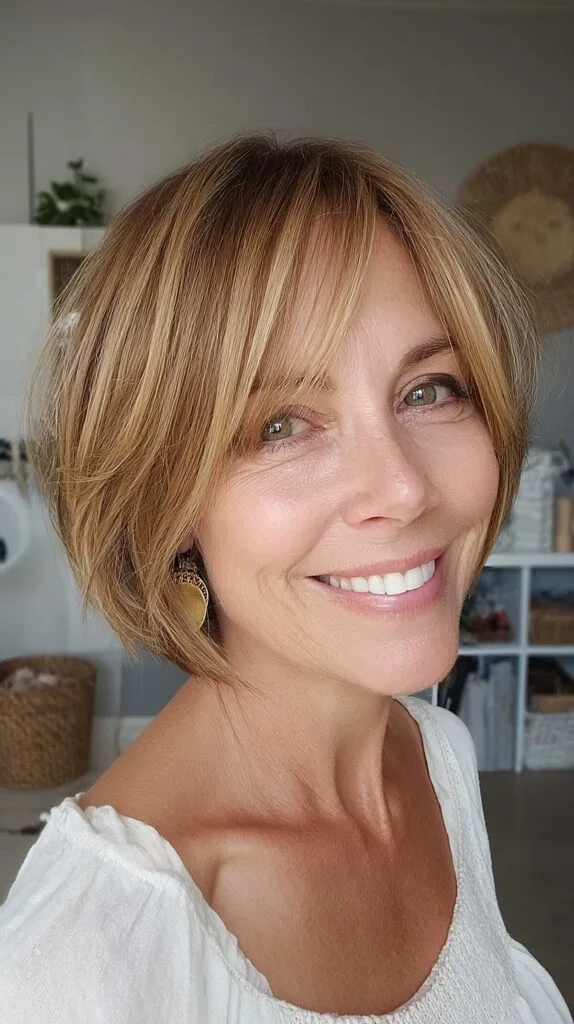 Honey blonde chin-length bob with soft side bangs
