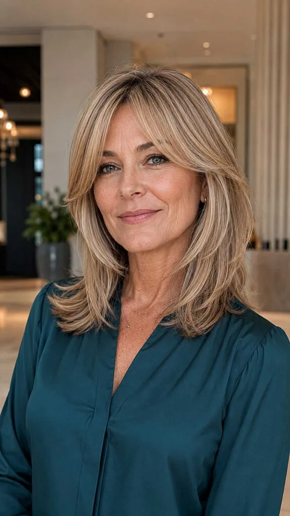 Honey Blonde Layered Shag with Sweeping Curtain Fringe