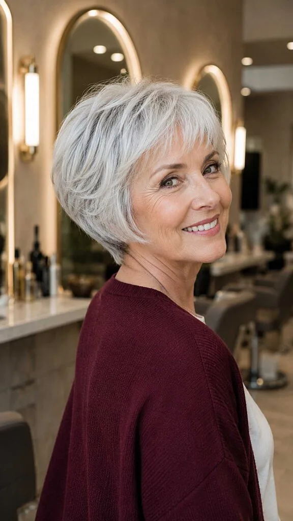 Icy Silver Stacked Bob with Wispy Side Fringe
