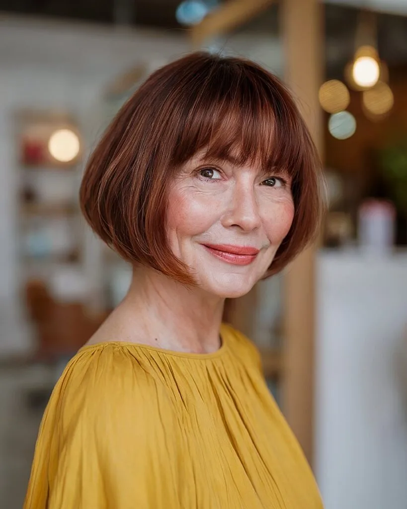 Inverted bob with bangs for over 60 with rounded silhouette and rich auburn color