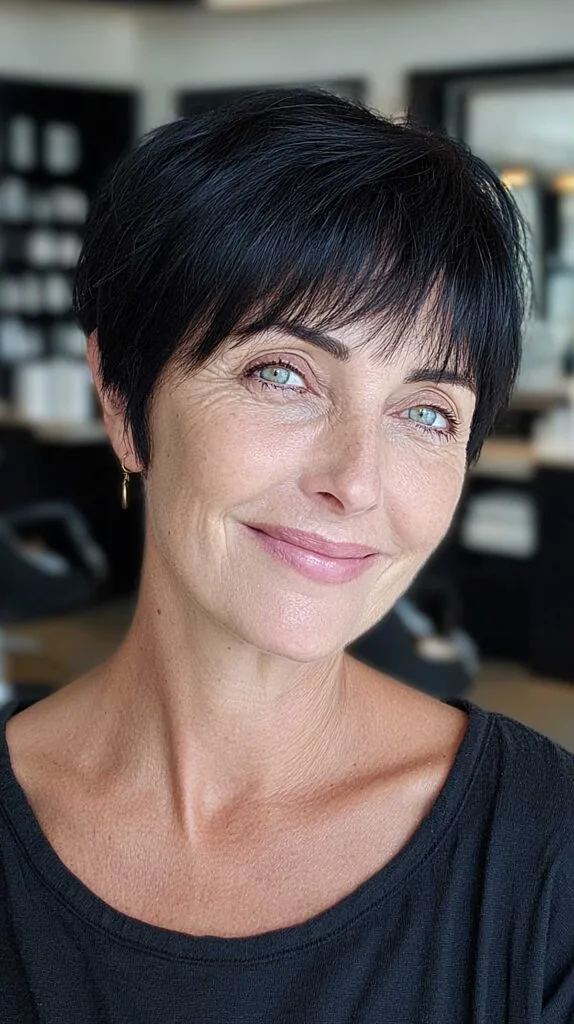 Jet black classic pixie cut with full wispy bangs