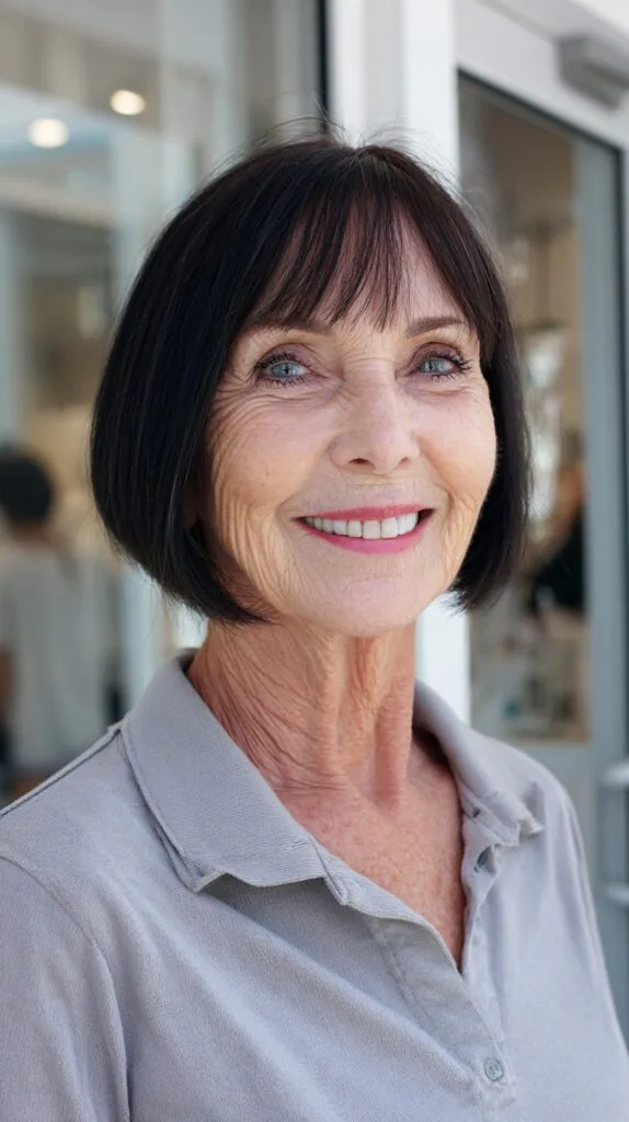 Jet Black Feathered Bob with Wispy Bangs