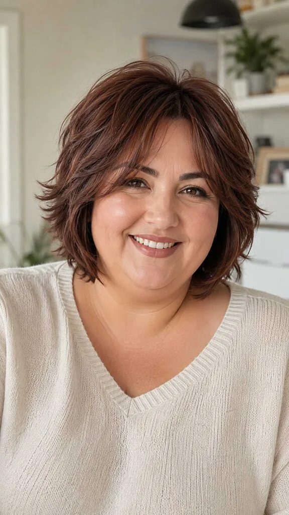 Layered auburn shag bob with face-framing pieces