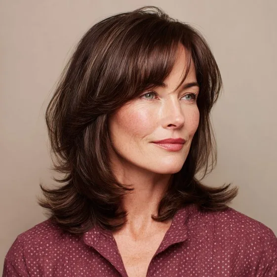 Layered Brown Butterfly Cut with Side Bangs