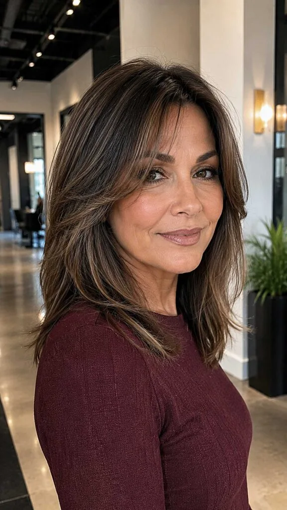 Layered Brunette with Ash-Toned Highlights and Curtain Fringe
