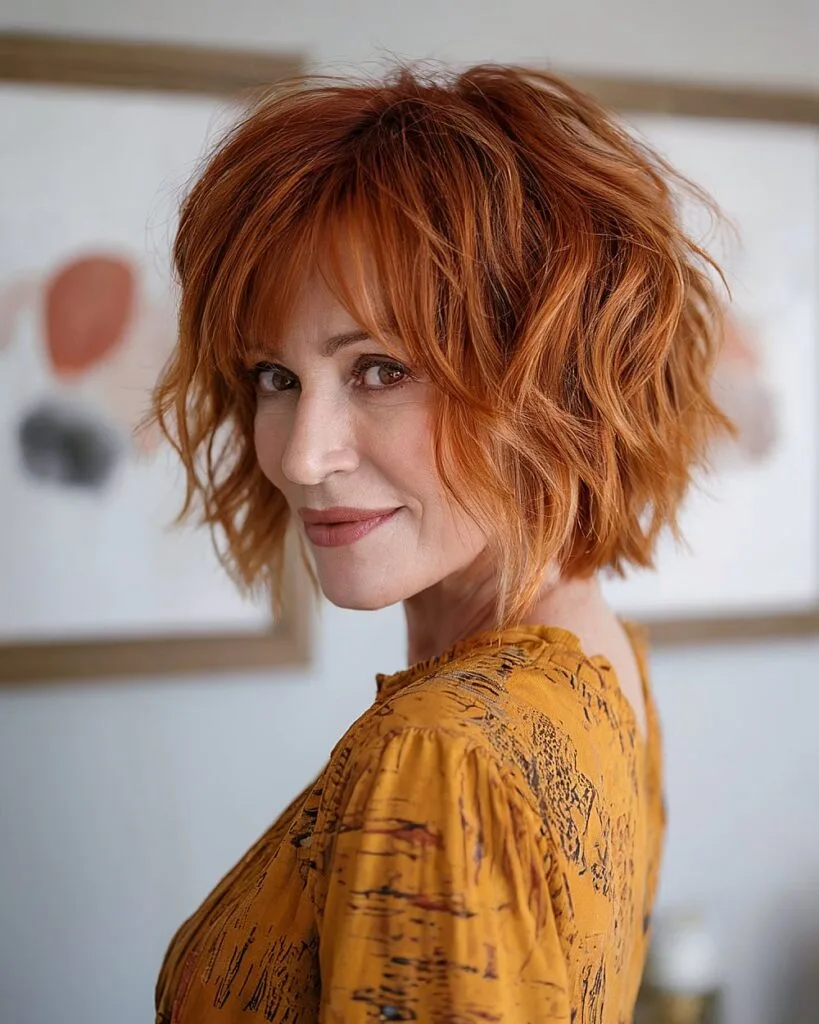 Layered choppy bob with tousled movement on older woman with copper red hair and side fringe