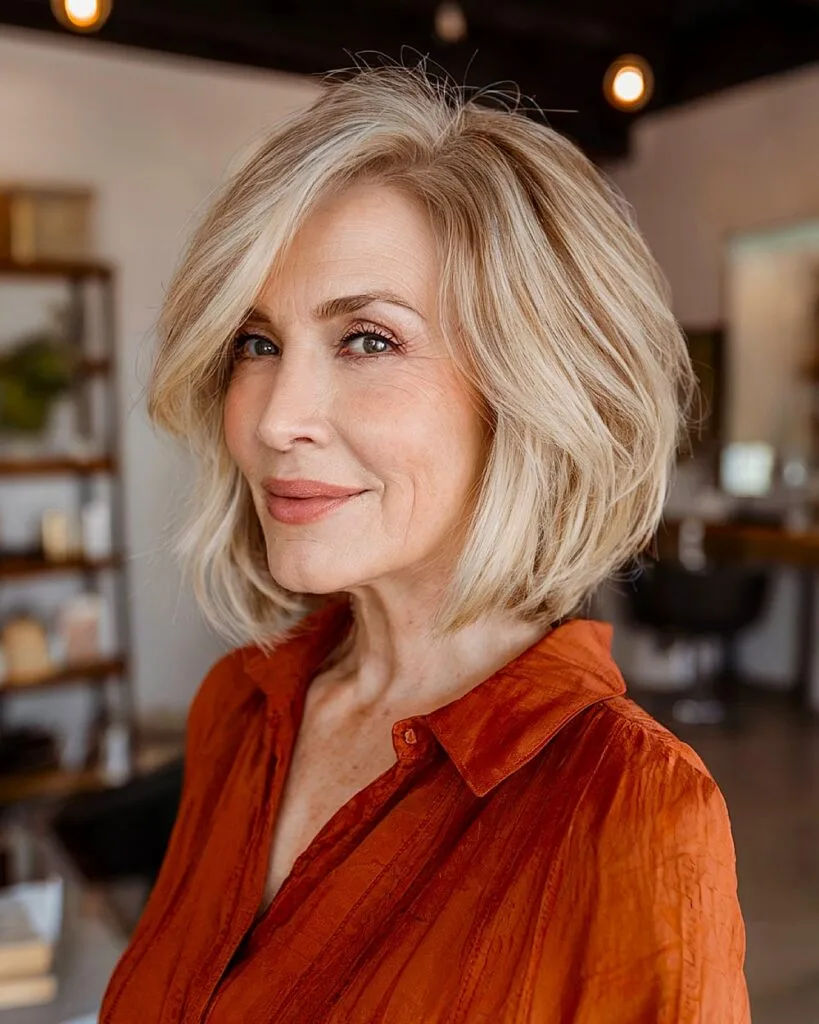 Layered long inverted bob for women over 60 with voluminous blowout styling