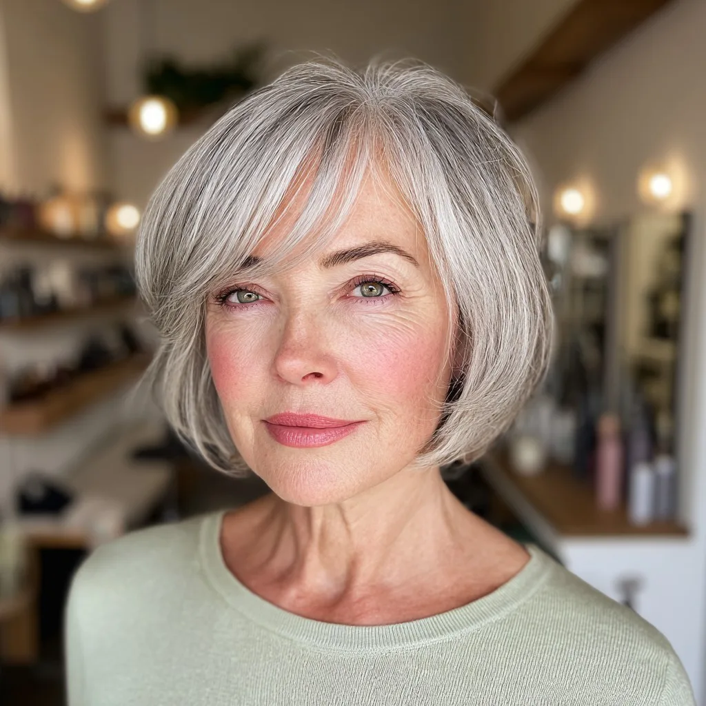 Layered Silver Bob with Soft Side Bangs