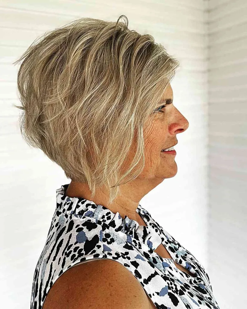Layered Wavy Inverted Haircut on a Short Wispy Bob for Women Aged 50