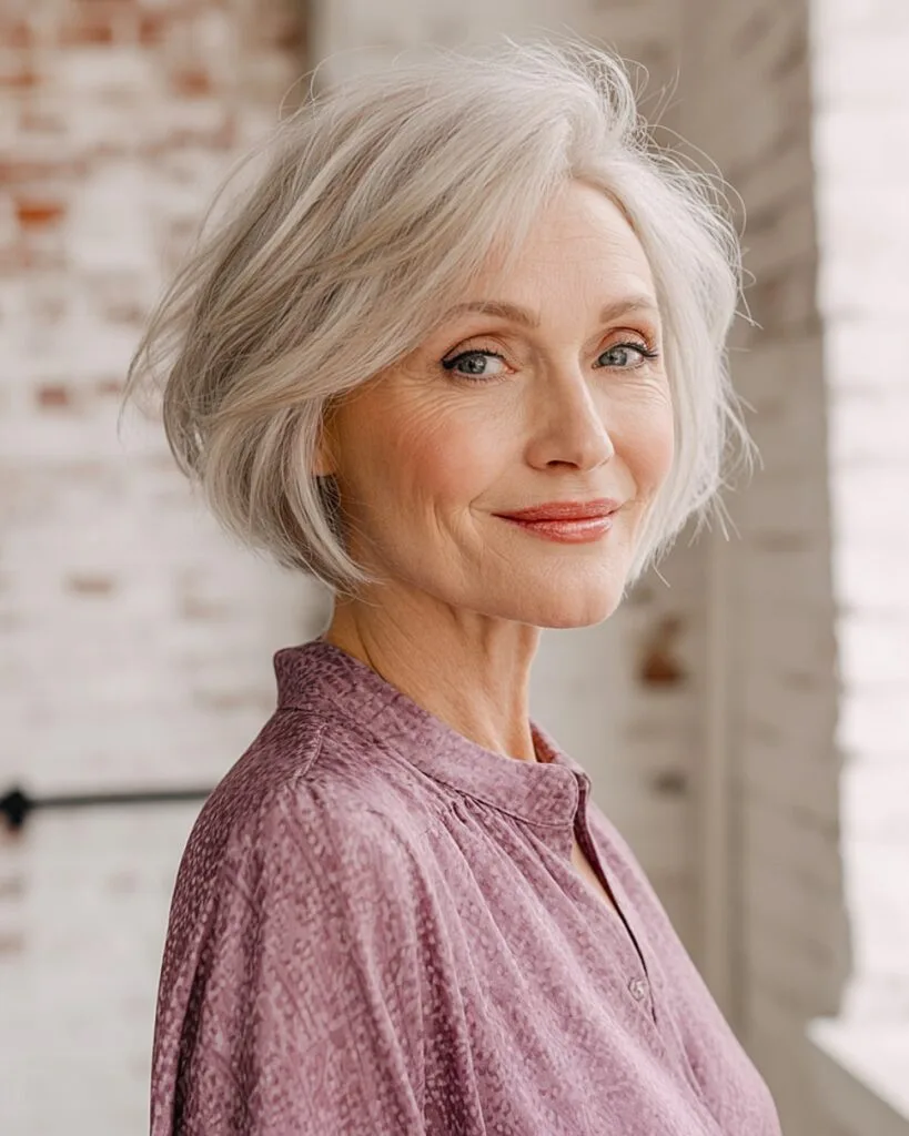 Light layered inverted bob for fine hair over 60 with lifted crown and side part