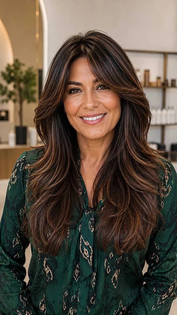Long Layered Brunette with Warm Ribbon Highlights