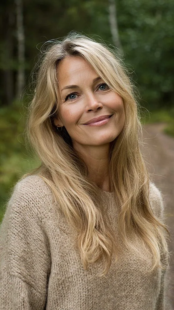 Long natural blonde hair with soft waves, minimal styling