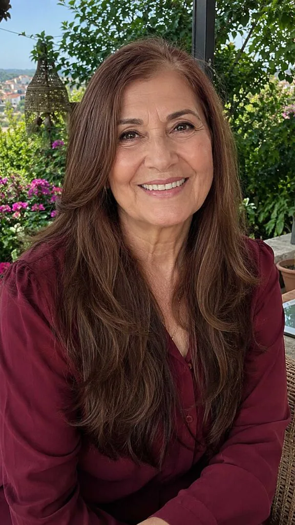 Long warm brunette hair worn naturally air-dried