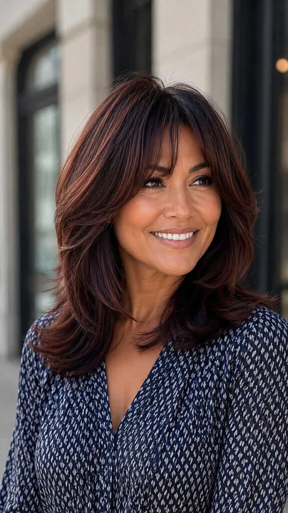 Mahogany Layered Cut with Wispy Curtain Fringe