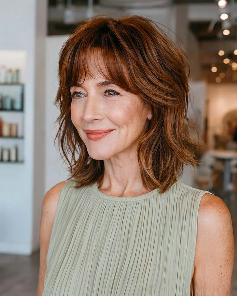 Medium choppy bob with soft face-framing layers on older woman with chestnut waves and bangs