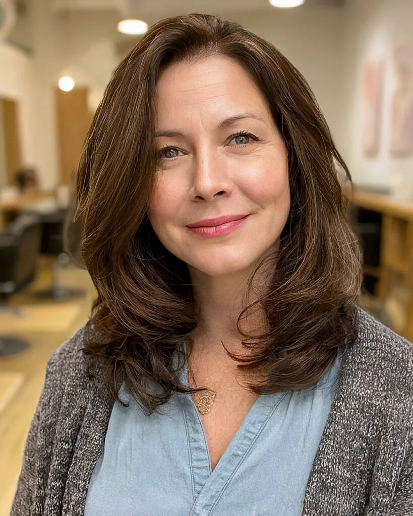 Medium layered brunette haircut with inward curled ends for round faces over 40