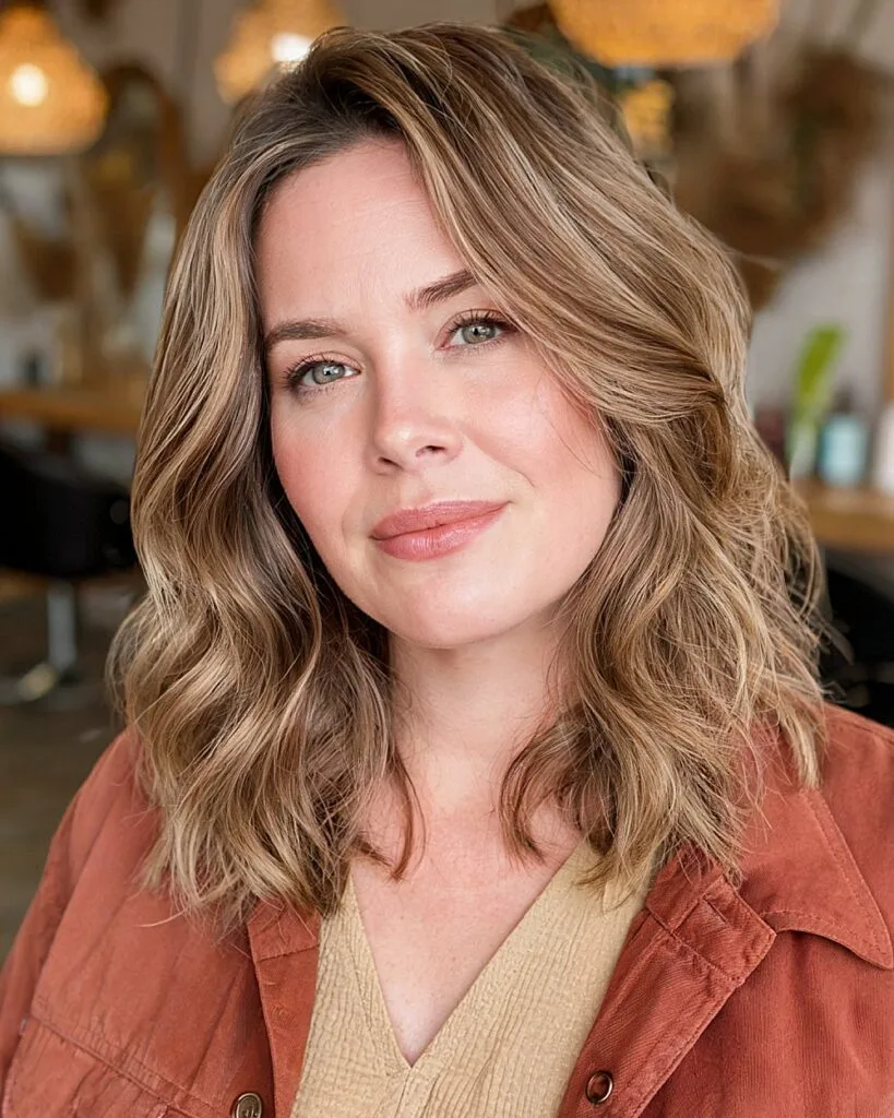 Medium layered haircut with soft waves and beige-blonde highlights for round-faced women over 40
